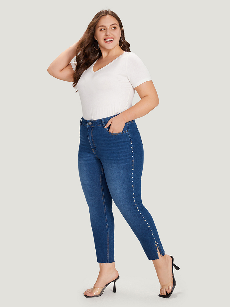 

Plus Size Beaded Split Side Pocket High Rise Jeans Women Blue Elegant Plain Beaded High stretch Pocket Jeans BloomChic