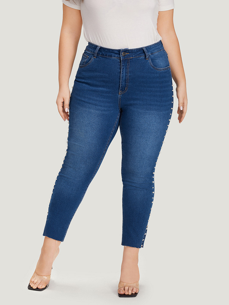 Plus Size Women Everyday Plain High stretch Regular Medium Wash Elegant Jeans BloomChic 