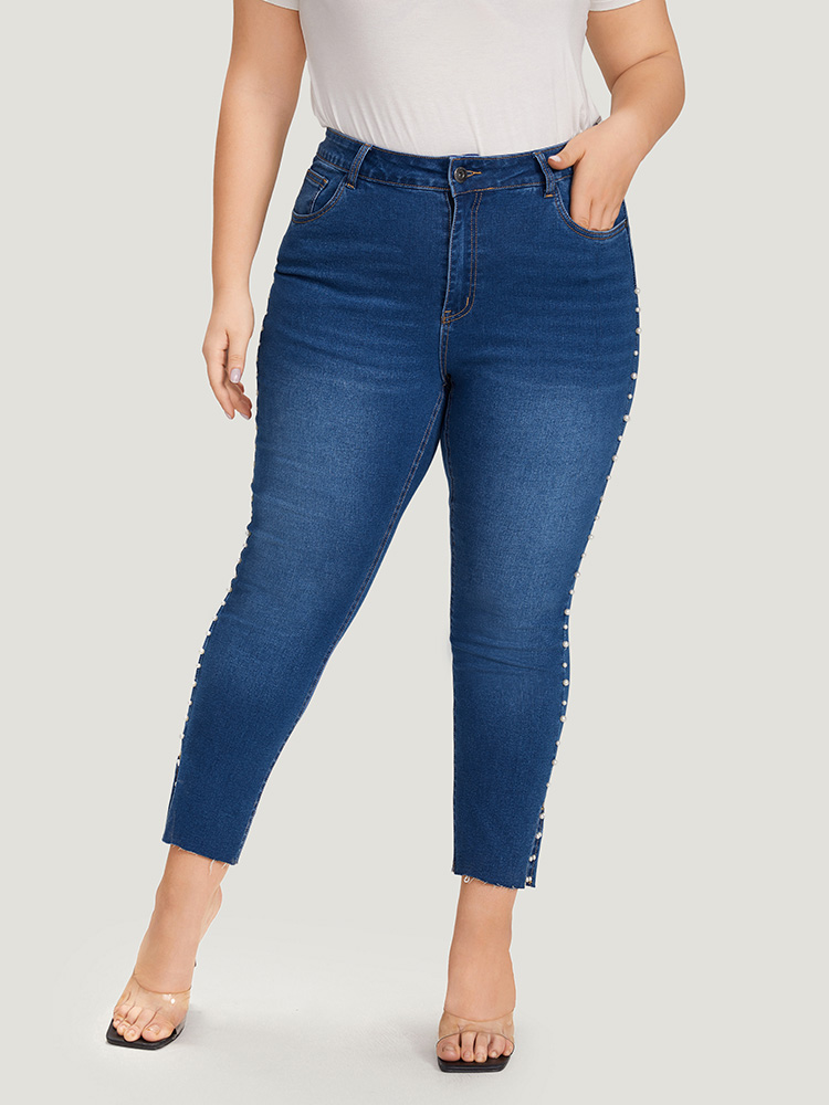 Plus Size Women Everyday Plain High stretch Regular Medium Wash Elegant Jeans BloomChic 