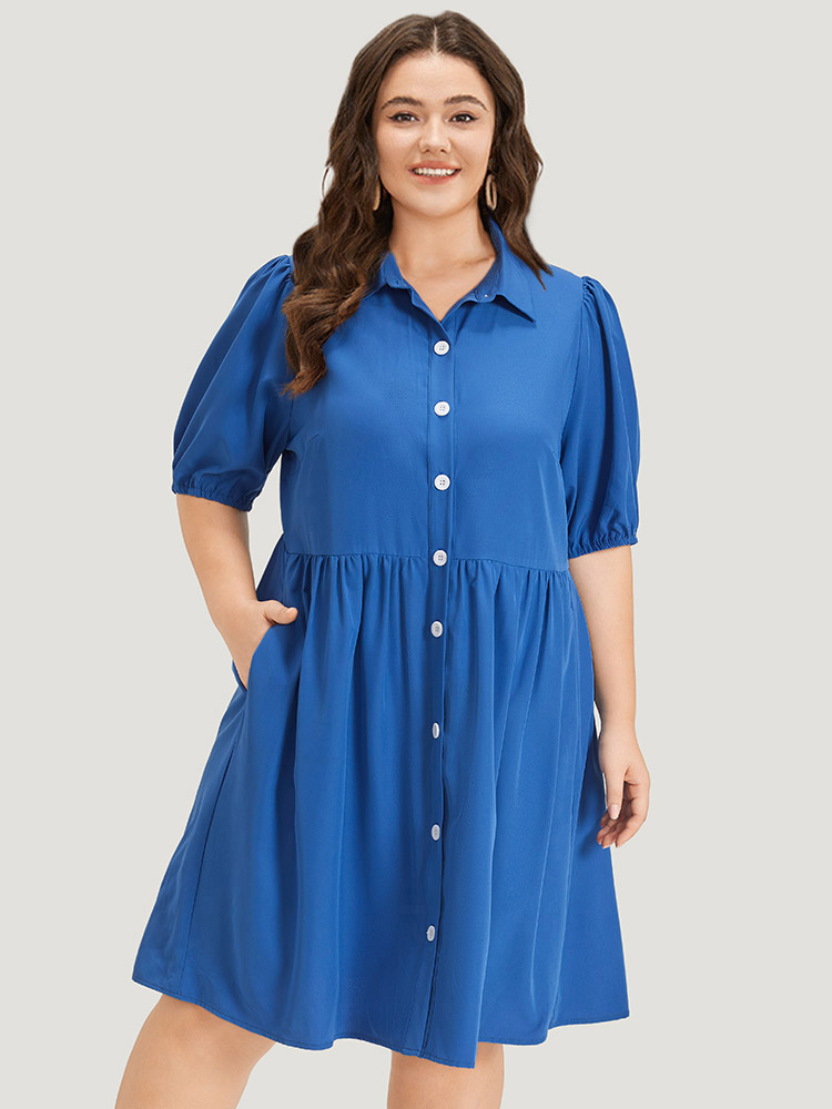 

Plus Size Plain Shirt Collar Button Through Gathered Lantern Sleeve Dress Blue Women Elegant Elastic cuffs Shirt collar Half Sleeve Curvy Knee Dress BloomChic