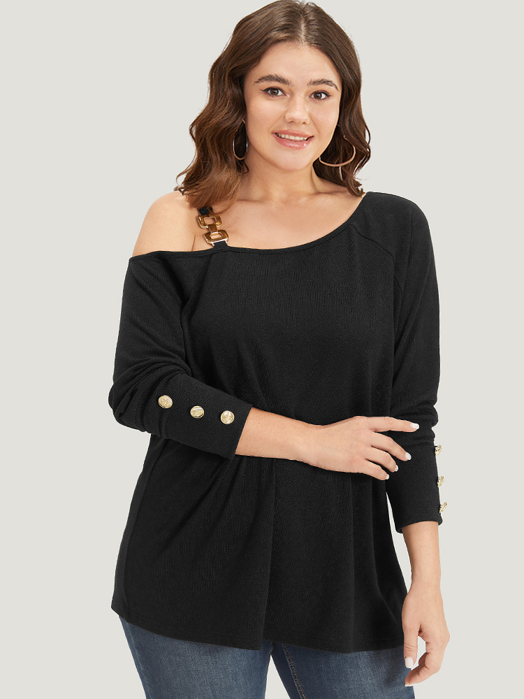 Plus Size Women Dailywear Plain Button Regular Raglan sleeve Long Sleeve One Shoulder Elegant Sweatshirts BloomChic 