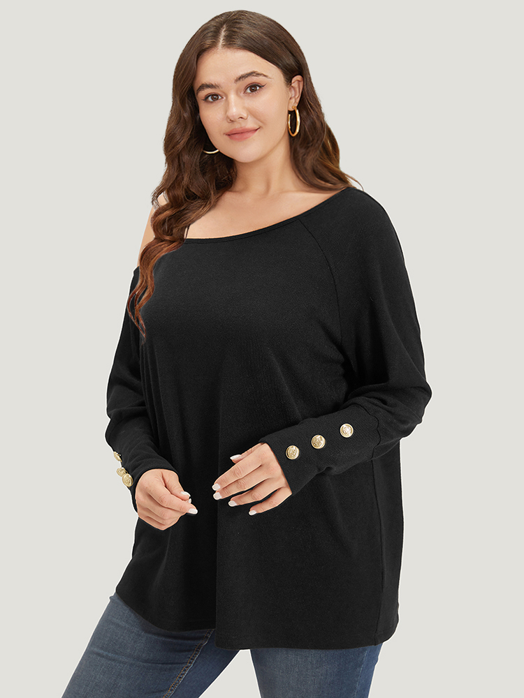 Plus Size Women Dailywear Plain Button Regular Raglan sleeve Long Sleeve One Shoulder Elegant Sweatshirts BloomChic 