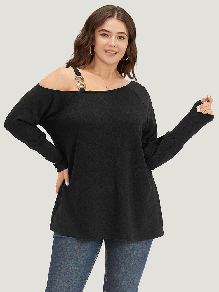 Plus Size Women Dailywear Plain Button Regular Raglan sleeve Long Sleeve One Shoulder Elegant Sweatshirts BloomChic 