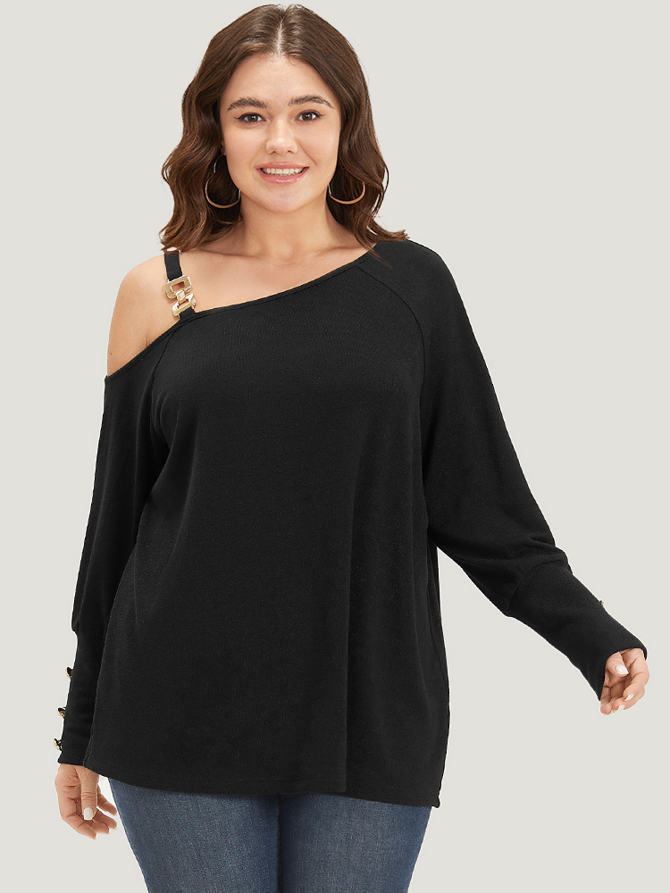Plus Size Women Dailywear Plain Button Regular Raglan sleeve Long Sleeve One Shoulder Elegant Sweatshirts BloomChic 