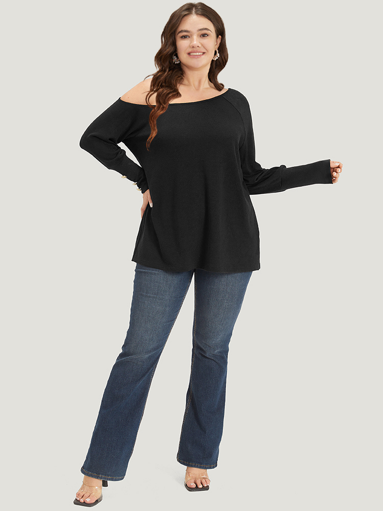 

Plus Size Plain One Shoulder Button Metal Detail Sweatshirt Women Black Elegant Plain One Shoulder Dailywear Sweatshirts BloomChic