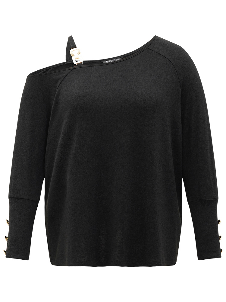Plus Size Women Dailywear Plain Button Regular Raglan sleeve Long Sleeve One Shoulder Elegant Sweatshirts BloomChic 