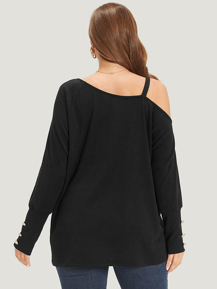 Plus Size Women Dailywear Plain Button Regular Raglan sleeve Long Sleeve One Shoulder Elegant Sweatshirts BloomChic 