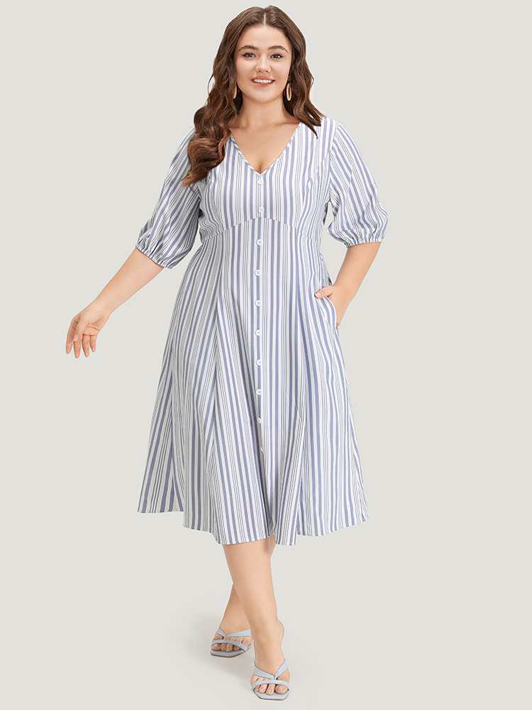 

Plus Size Striped Button Detail V Neck Lantern Sleeve Dress Blue Women Vacation Elastic Waist V-neck Half Sleeve Curvy Midi Dress BloomChic