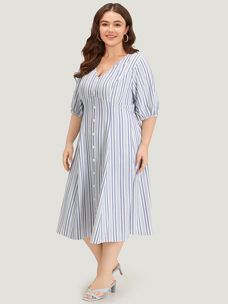 

Plus Size Striped Button Detail V Neck Lantern Sleeve Dress Blue Women Vacation Elastic Waist V-neck Half Sleeve Curvy Midi Dress BloomChic