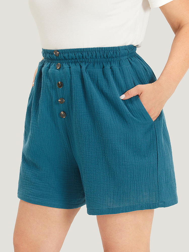 

Plus Size Plain Shirred Pocket Button Detail Shorts Women Cyan Casual Texture Dailywear Shorts BloomChic