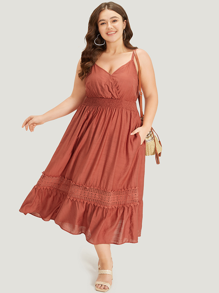 

Plus Size Solid Crochet Lace Gathered Wrap Shirred Cami Dress Russet Women Vacation Patchwork V-neck Sleeveless Curvy Long Dress BloomChic