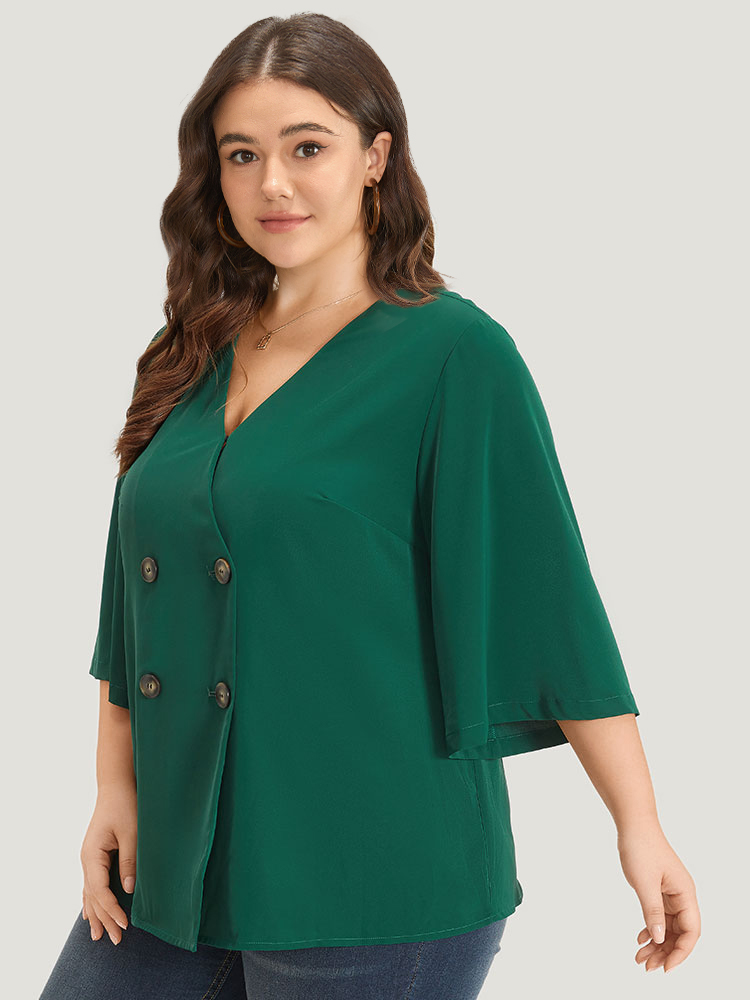 

Plus Size Plain Double Breasted Surplice Neck Flounce Sleeve Blouse ArmyGreen Elbow-length sleeve V-neck Office Shirts