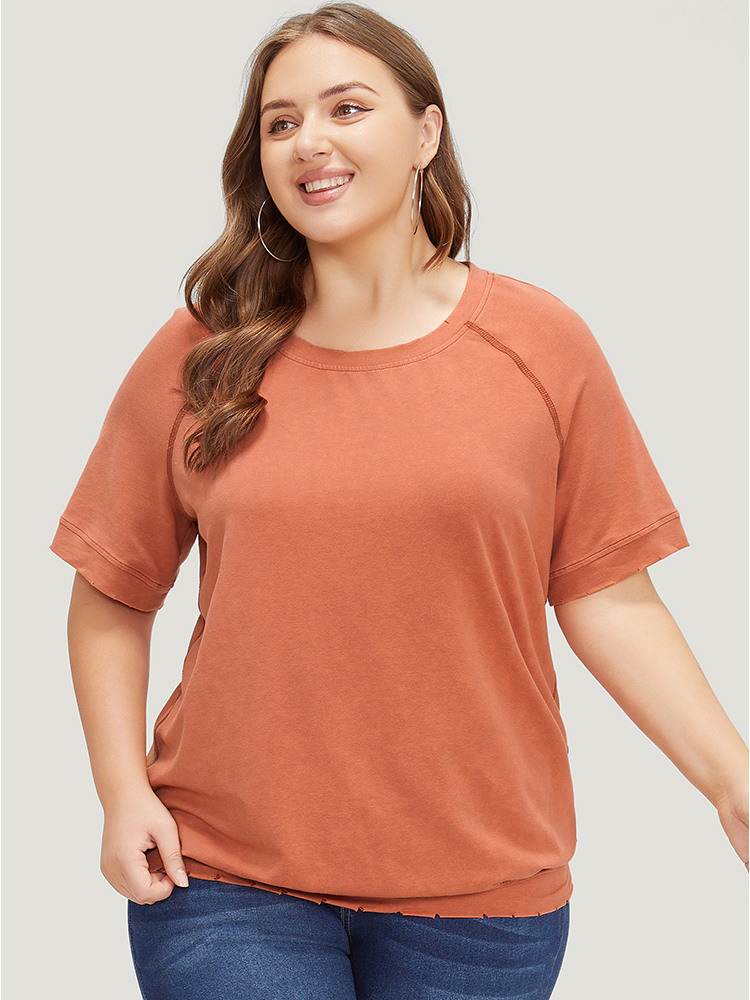 Plus Size Women Dailywear Plain Stitch Raglan sleeve Short sleeve Round Neck Casual T-shirts BloomChic 