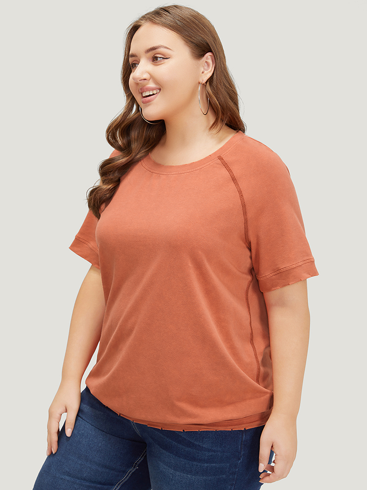 

Plus Size Plain Raglan Sleeve Vintage Stitch Trim T-shirt Coral Women Casual Stitch Plain Round Neck Dailywear T-shirts BloomChic