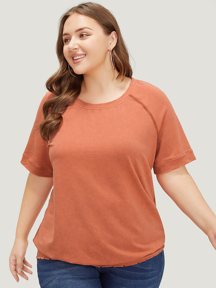 Plus Size Women Dailywear Plain Stitch Raglan sleeve Short sleeve Round Neck Casual T-shirts BloomChic 