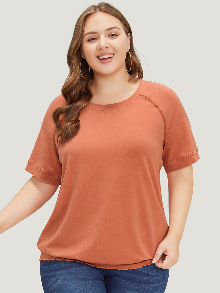 Plus Size Women Dailywear Plain Stitch Raglan sleeve Short sleeve Round Neck Casual T-shirts BloomChic 