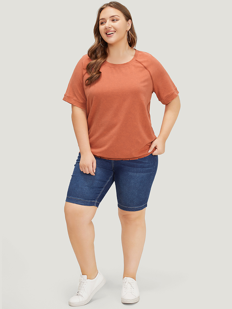 Plus Size Women Dailywear Plain Stitch Raglan sleeve Short sleeve Round Neck Casual T-shirts BloomChic 