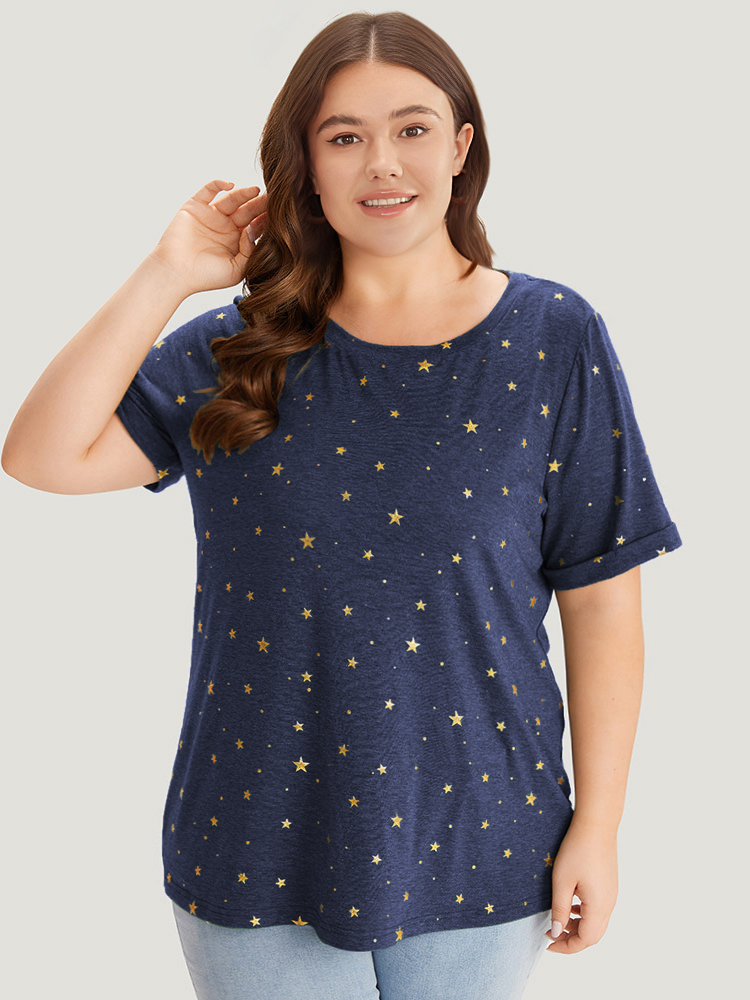 

Plus Size Star Glitter Cuffed Sleeve Crew Neck T-shirt Indigo Women Casual Heather Moon and Star Round Neck Dailywear T-shirts BloomChic