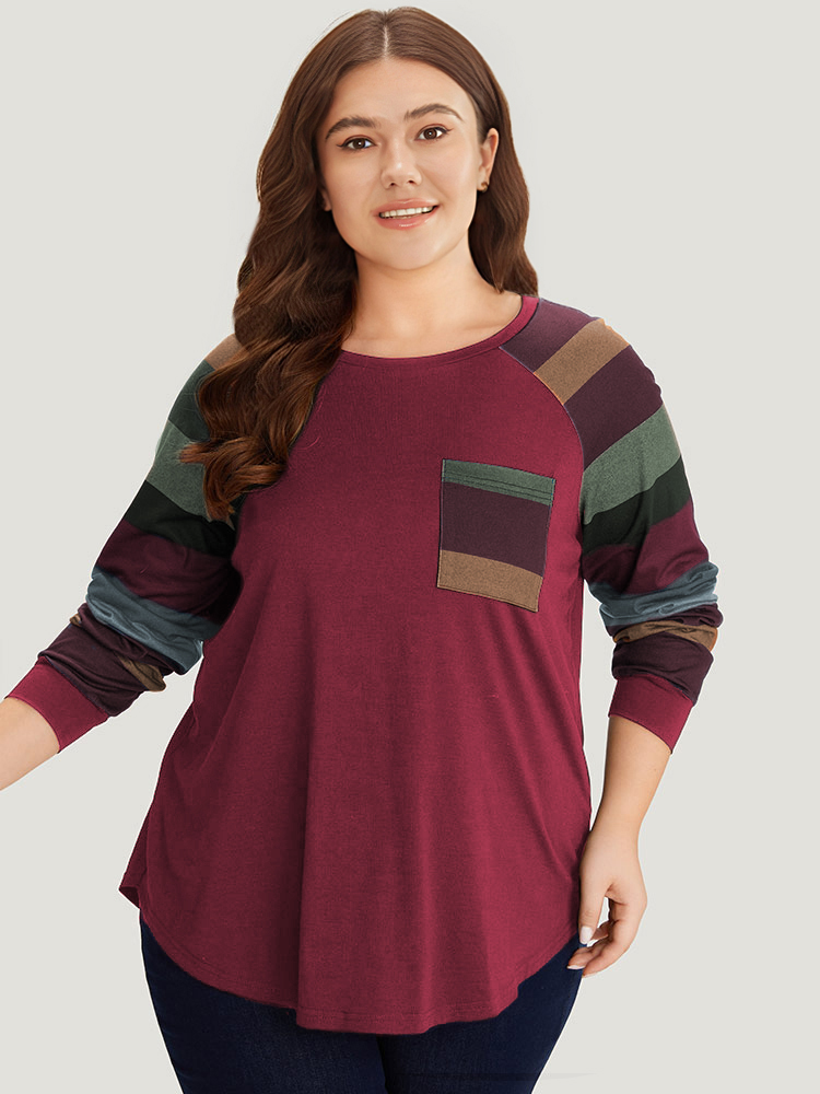 

Plus Size Colour Striped Patchwork Patched Pocket Raglan Sleeve T-shirt Scarlet Women Casual Contrast Striped Round Neck Dailywear T-shirts BloomChic
