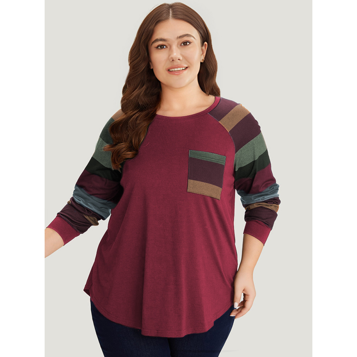 

Plus Size Colour Striped Patchwork Patched Pocket Raglan Sleeve T-shirt Scarlet Women Casual Contrast Striped Round Neck Dailywear T-shirts BloomChic