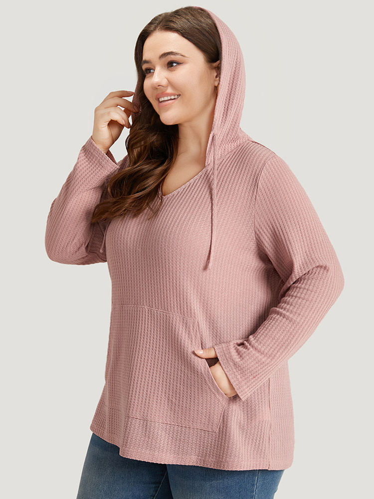 

Plus Size Plain Waffle Knit Pocket Drawstring Hooded Sweatshirt Women Pink Casual Plain Hooded Dailywear Sweatshirts BloomChic