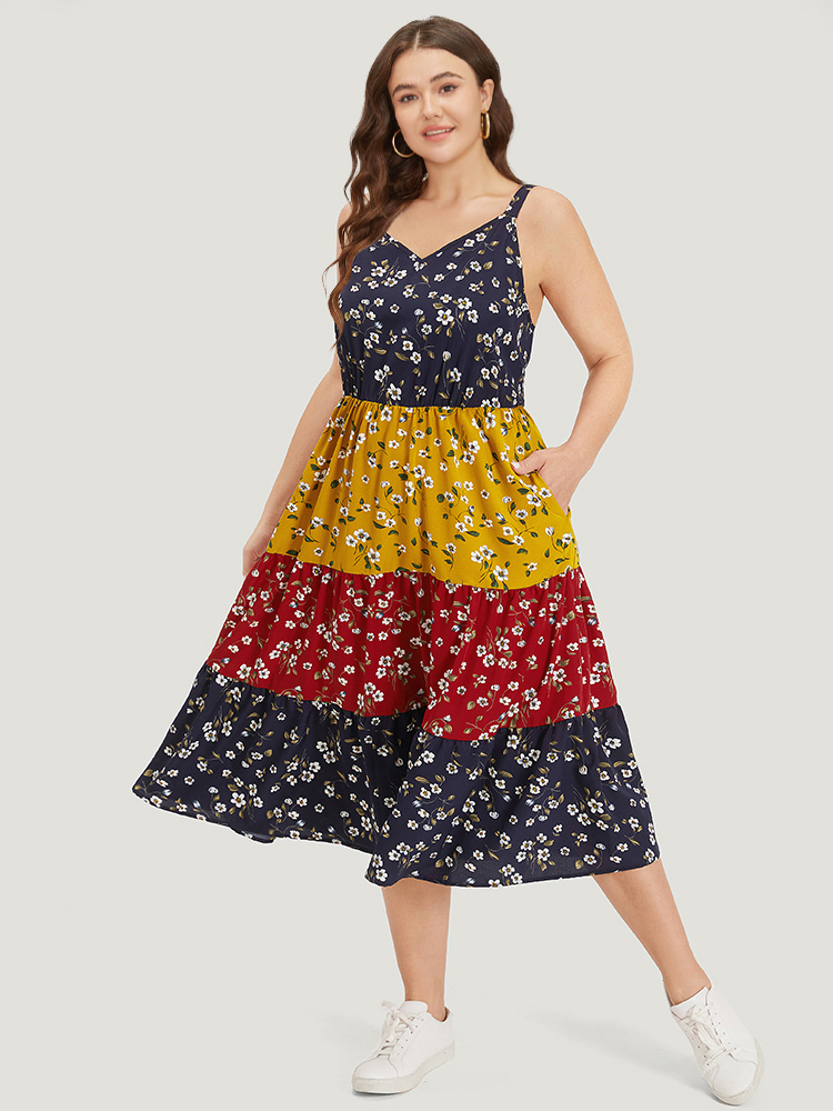 

Plus Size Ditsy Floral Patchwork Pocket Ruffle Layered Hem Cami Dress Multicolor Women Casual Printed Spaghetti Strap Sleeveless Curvy Midi Dress BloomChic