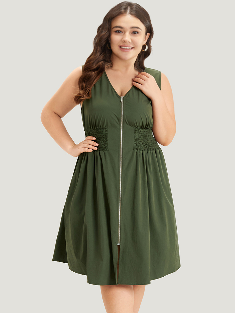 

Plus Size Plain Zipper Fly Shirred Split Hem Tank Dress ArmyGreen Women Office Plain Spaghetti Strap Sleeveless Curvy Midi Dress BloomChic