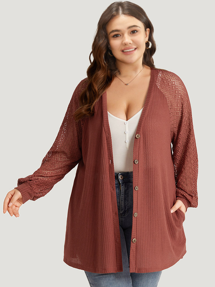 

Plus Size Solid Button Through Pocket Mesh Raglan Sleeve Kimono Women Rust Casual See through Loose Pocket Dailywear Kimonos BloomChic