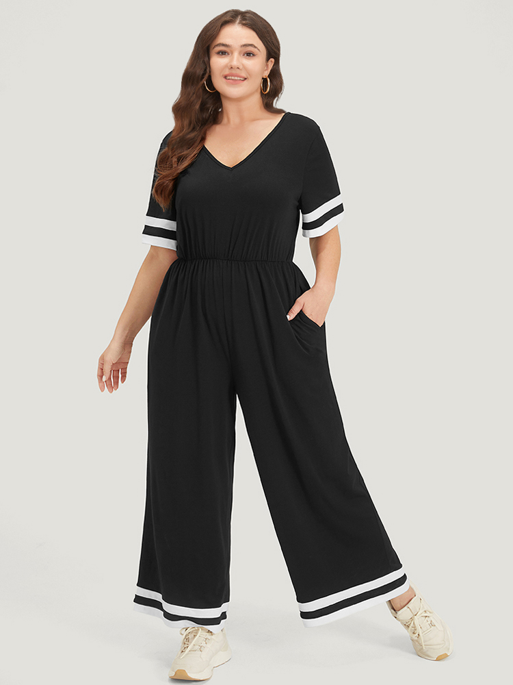 

Plus Size Black Striped Contrast V Neck Pocket Elastic Waist Jumpsuit Women Casual Short sleeve V-neck Dailywear Loose Jumpsuits BloomChic