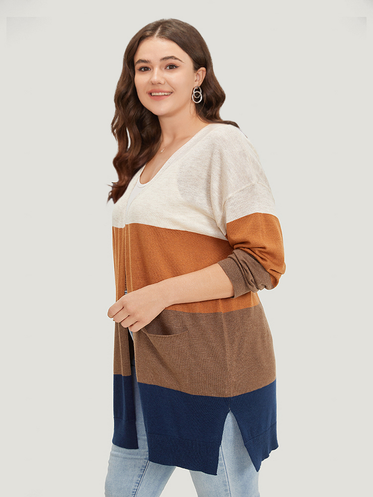 Plus Size Supersoft Essentials Colorblock Contrast Pocket Split Side Cardigan Bronze Women Casual Loose Long Sleeve Everyday Cardigans BloomChic 14-16/1X 