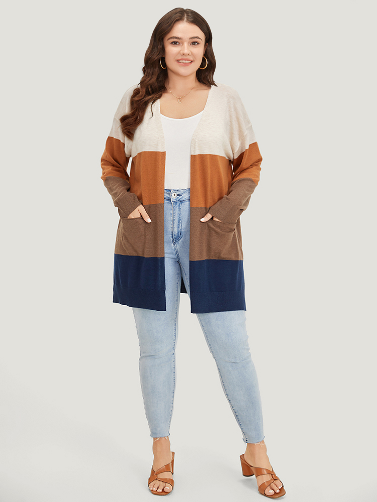 Plus Size Supersoft Essentials Colorblock Contrast Pocket Split Side Cardigan Bronze Women Casual Loose Long Sleeve Everyday Cardigans BloomChic 14-16/1X 