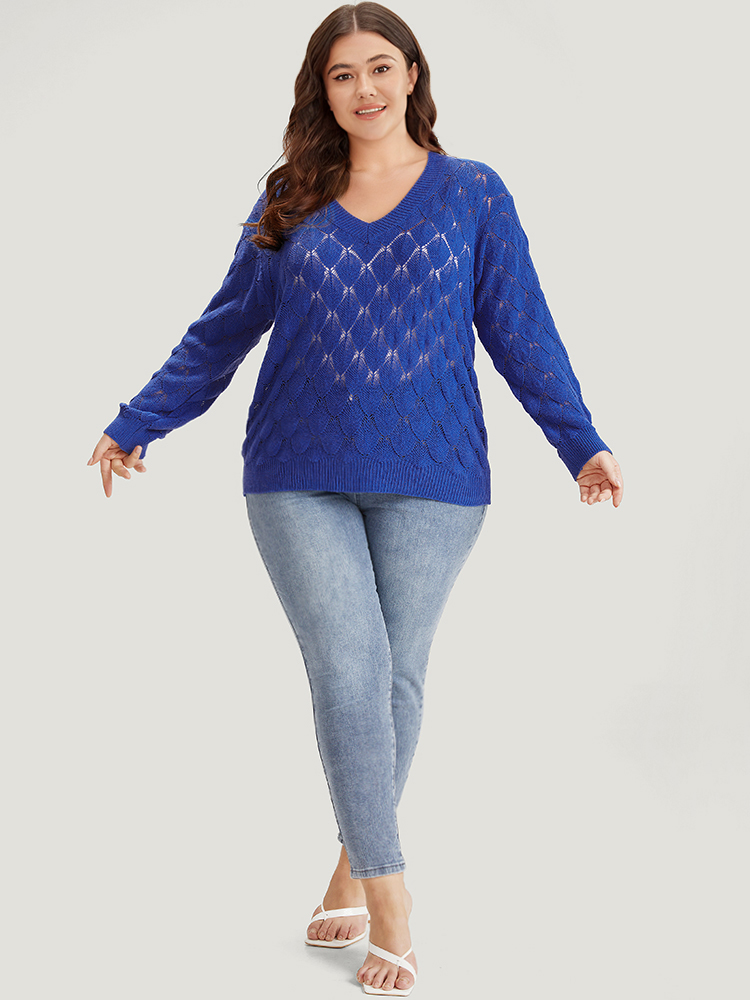 

Plus Size Plain Geometric Eyelet Elastic Cuffs Moderately Stretchy Pullover Blue Women Casual Loose Long Sleeve V-neck Dailywear Pullovers BloomChic