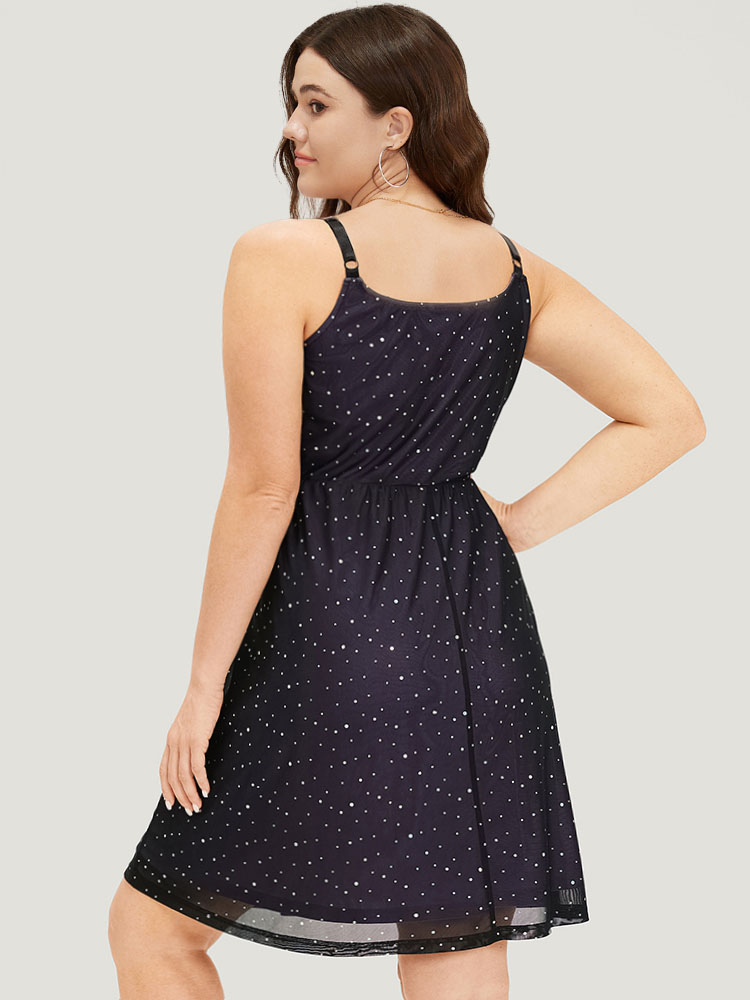 

Plus Size Glitter Adjustable Straps Mesh Cami Dress Purple Women Party Adjustable Straps Spaghetti Strap Sleeveless Curvy Knee Dress BloomChic