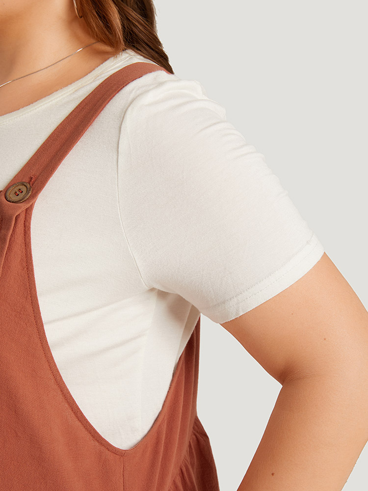 Plus Size Russet Solid Pocket Button Through Gathered Overall Jumpsuit Women Casual Sleeveless Spaghetti Strap Dailywear Loose Jumpsuits BloomChic 12/L 