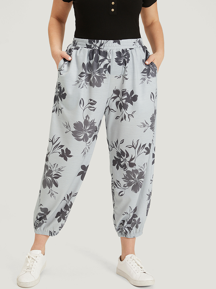 

Silhouette Floral Print Pocket Elastic Waist Sweatpants DarkGray Plus Size Women Casual Everyday Elastic Waist  Bloomchic