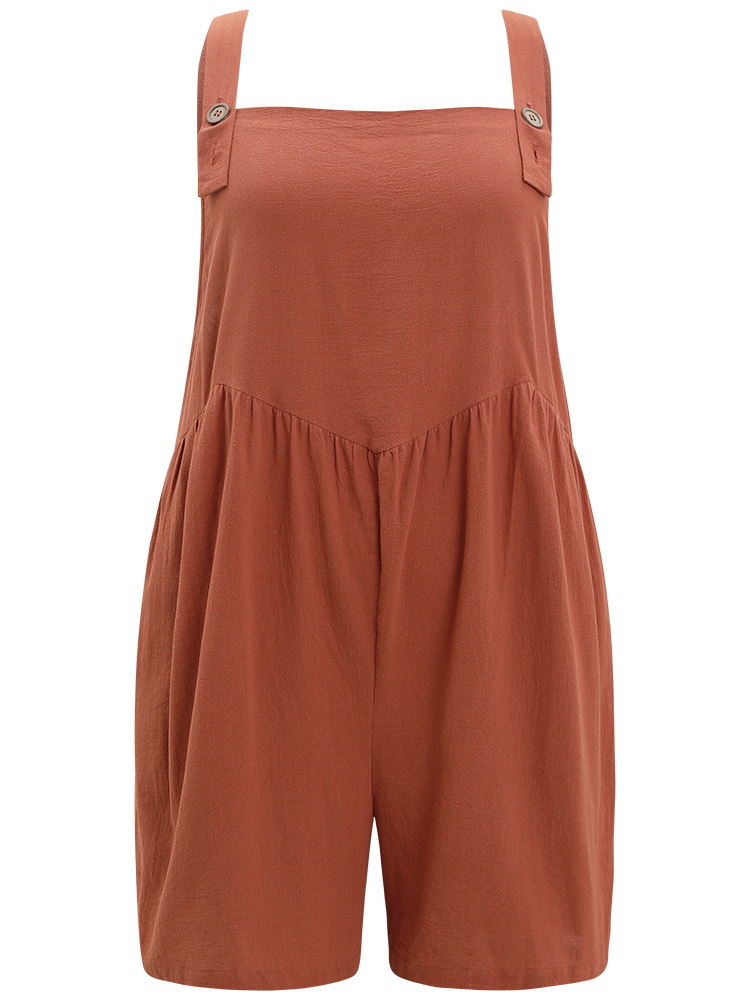 Plus Size Russet Solid Pocket Button Through Gathered Overall Jumpsuit Women Casual Sleeveless Spaghetti Strap Dailywear Loose Jumpsuits BloomChic 12/L 