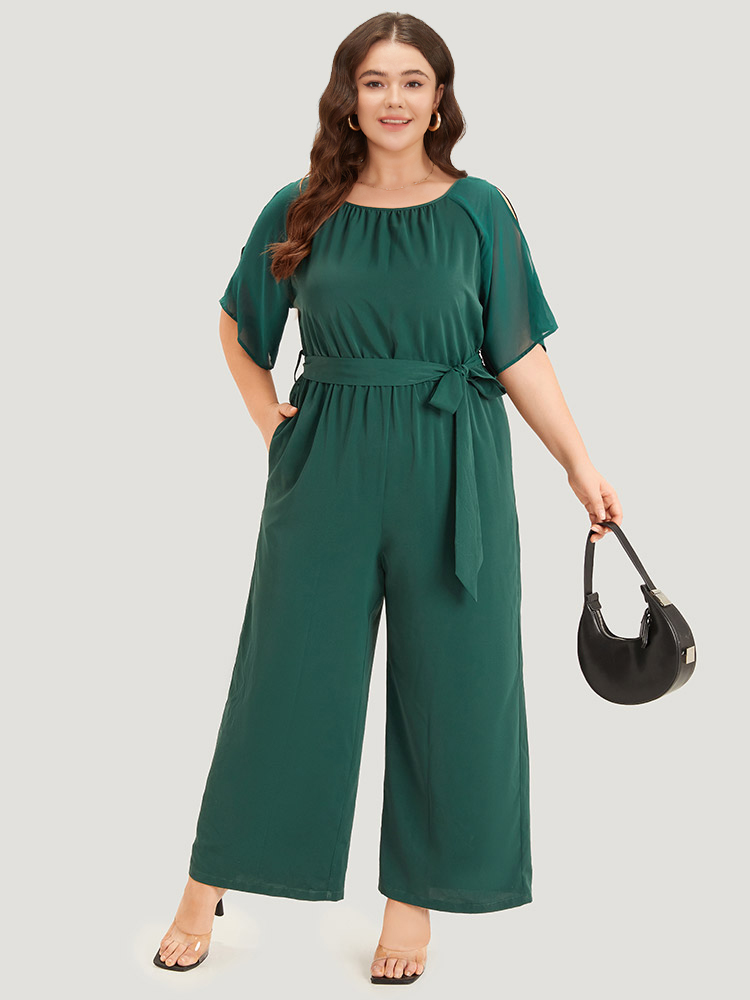 

Plus Size DarkGreen Solid Belted Pocket Cut Out Zipper Jumpsuit Women Office Short sleeve Round Neck Work Loose Jumpsuits BloomChic