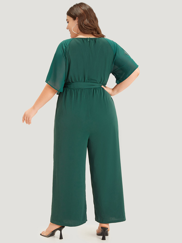 Plus Size DarkGreen Solid Belted Pocket Cut Out Zipper Jumpsuit Women Office Short sleeve Round Neck Work Loose Jumpsuits BloomChic 30/6X 