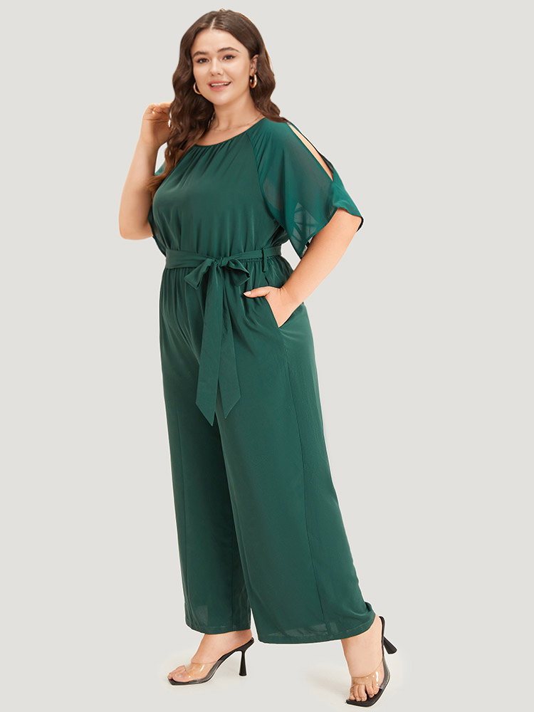 Plus Size DarkGreen Solid Belted Pocket Cut Out Zipper Jumpsuit Women Office Short sleeve Round Neck Work Loose Jumpsuits BloomChic 30/6X 