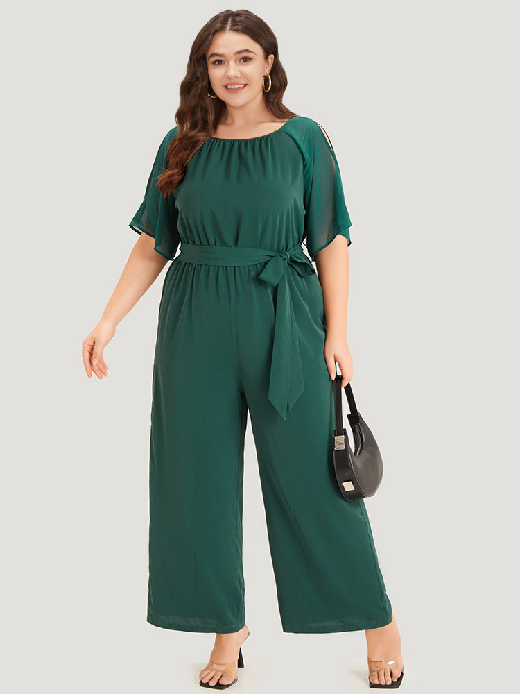 Plus Size DarkGreen Solid Belted Pocket Cut Out Zipper Jumpsuit Women Office Short sleeve Round Neck Work Loose Jumpsuits BloomChic 30/6X 