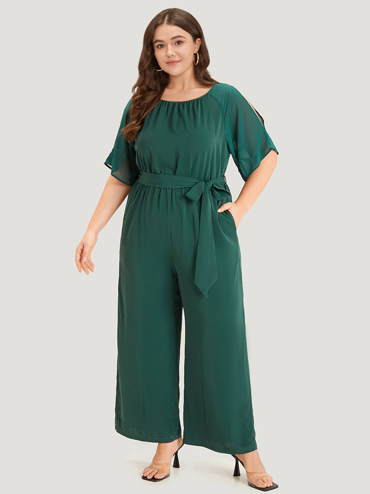 Plus Size DarkGreen Solid Belted Pocket Cut Out Zipper Jumpsuit Women Office Short sleeve Round Neck Work Loose Jumpsuits BloomChic 30/6X 