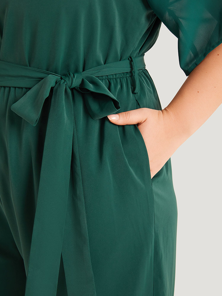Plus Size DarkGreen Solid Belted Pocket Cut Out Zipper Jumpsuit Women Office Short sleeve Round Neck Work Loose Jumpsuits BloomChic 30/6X 