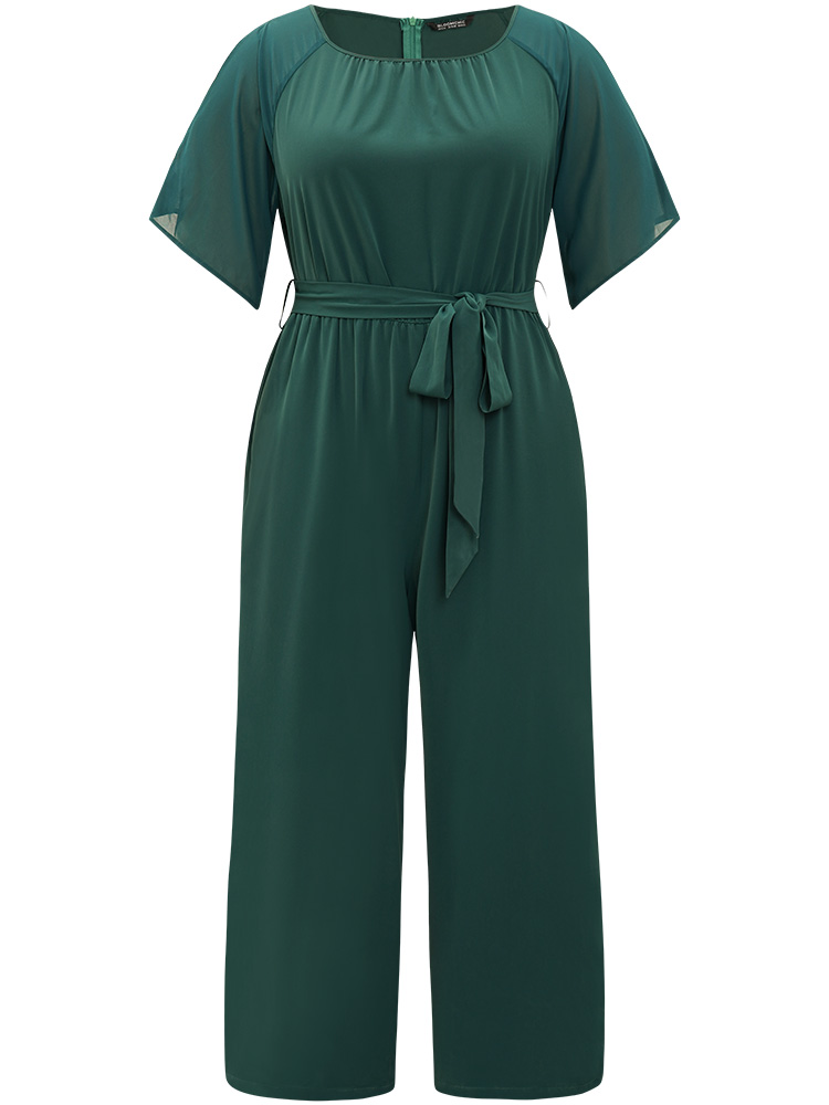 Plus Size DarkGreen Solid Belted Pocket Cut Out Zipper Jumpsuit Women Office Short sleeve Round Neck Work Loose Jumpsuits BloomChic 30/6X 