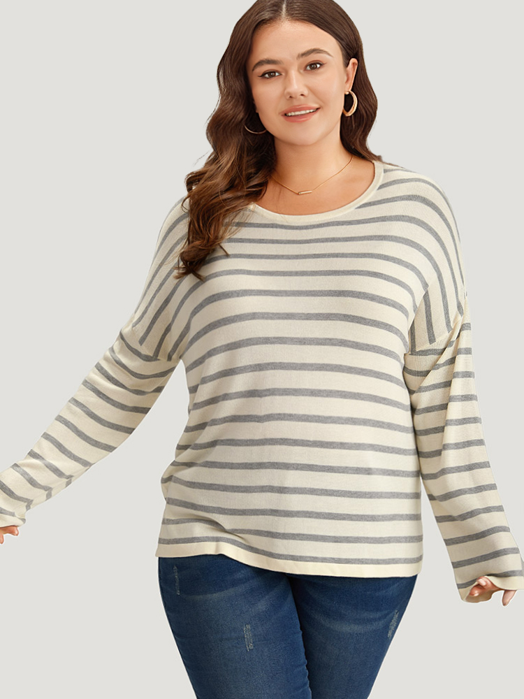 

Plus Size Supersoft Essentials Striped Print Drop Shoulder Crew Neck Pullover Apricot Women Casual Loose Long Sleeve Round Neck Everyday Pullovers BloomChic