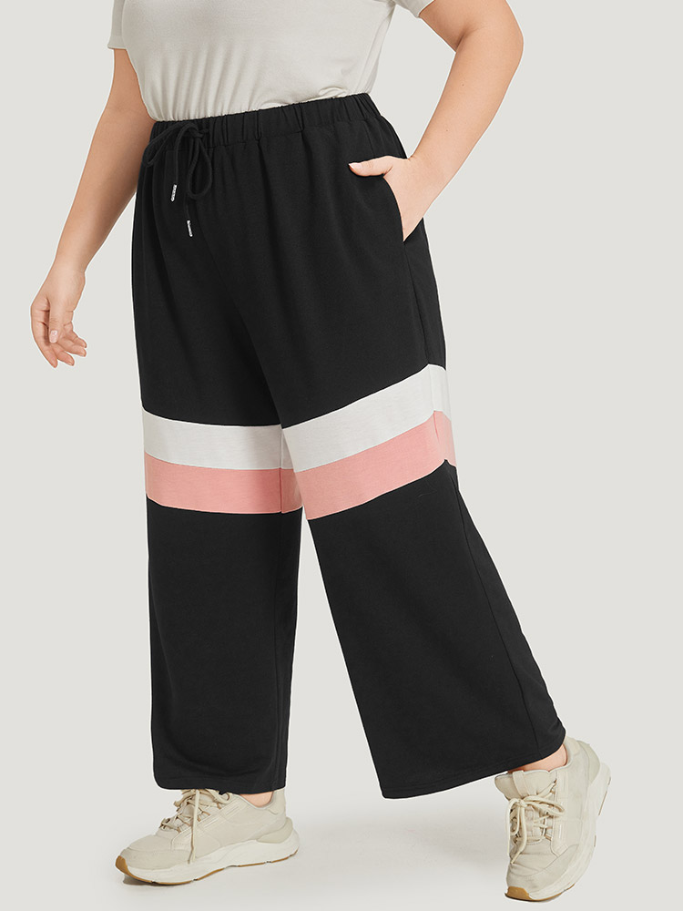 

Striped Contrast Drawstring Pocket Elastic Waist Sweatpants Black Plus Size Women Casual Dailywear Contrast  Bloomchic