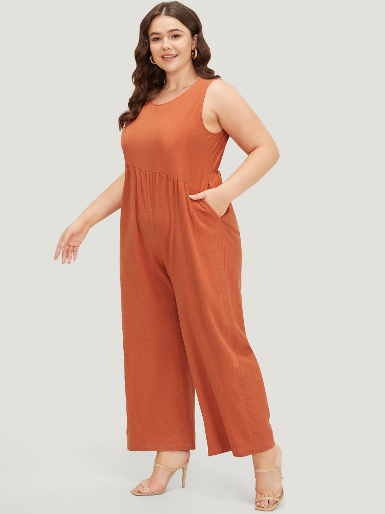 

Plus Size OrangeRed Plain Pocket Zipper Patchwork Tank Jumpsuit Women Casual Sleeveless Round Neck Dailywear Loose Jumpsuits BloomChic