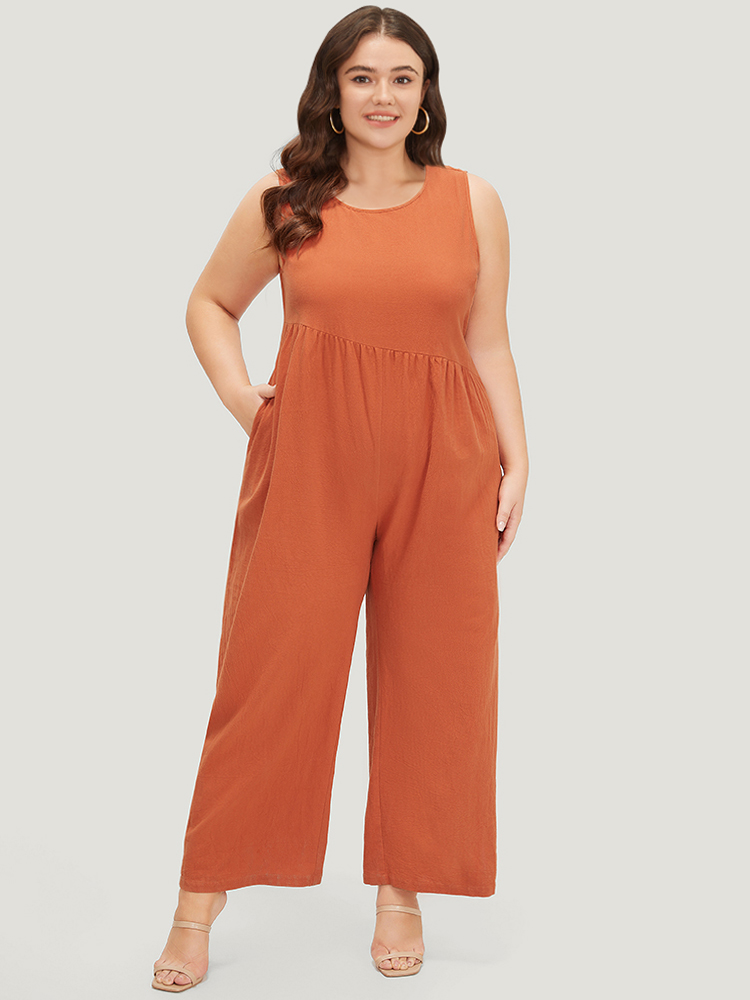 Plus Size Women Dailywear Plain Gathered Regular Pocket Casual Jumpsuits BloomChic 