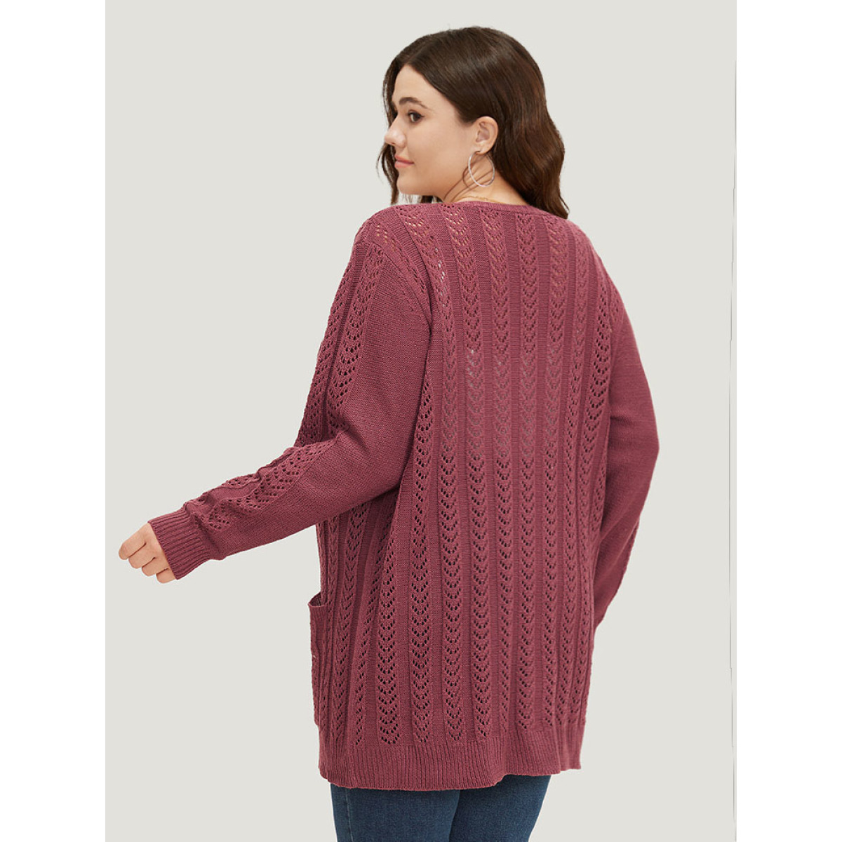 

Plus Size Solid Patched Pocket Geo Eyelet Open Front Cardigan Maroon Women Casual Loose Long Sleeve Everyday Cardigans BloomChic