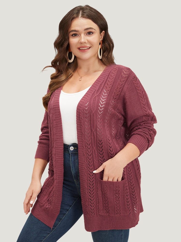 

Plus Size Solid Patched Pocket Geo Eyelet Open Front Cardigan Maroon Women Casual Loose Long Sleeve Everyday Cardigans BloomChic