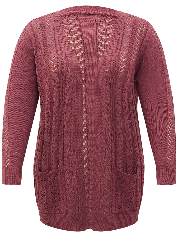 

Plus Size Solid Patched Pocket Geo Eyelet Open Front Cardigan Maroon Women Casual Loose Long Sleeve Everyday Cardigans BloomChic
